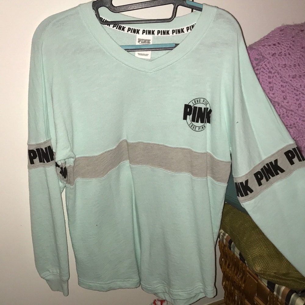 Ocean blue,gray, and black long sleeve pink shirt